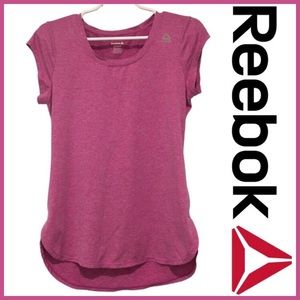 REEBOK Athletic Short Cap Sleeve Top: Speedwick, Logo, Heather Hot Pink, Small